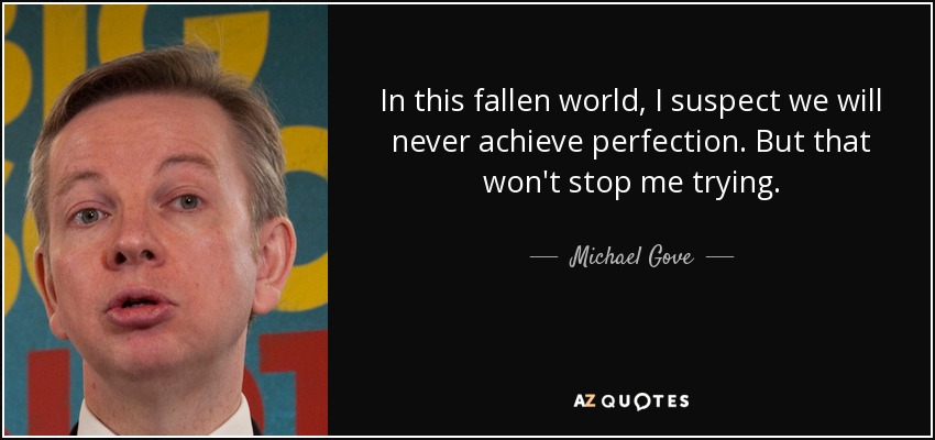 In this fallen world, I suspect we will never achieve perfection. But that won't stop me trying. - Michael Gove