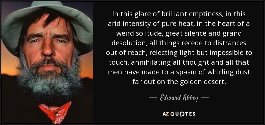 In this glare of brilliant emptiness, in this arid intensity of pure heat, in the heart of a weird solitude, great silence and grand desolution, all things recede to distrances out of reach, relecting light but impossible to touch, annihilating all thought and all that men have made to a spasm of whirling dust far out on the golden desert. - Edward Abbey