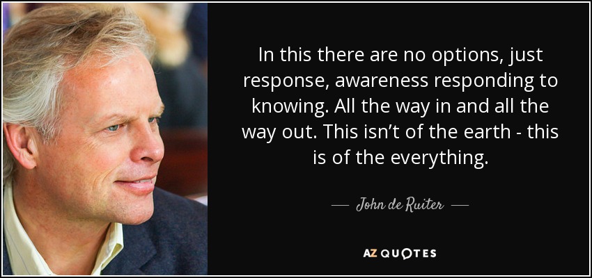 In this there are no options, just response, awareness responding to knowing. All the way in and all the way out. This isn’t of the earth - this is of the everything. - John de Ruiter