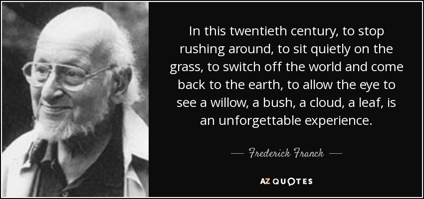 In this twentieth century, to stop rushing around, to sit quietly on the grass, to switch off the world and come back to the earth, to allow the eye to see a willow, a bush, a cloud, a leaf, is an unforgettable experience. - Frederick Franck
