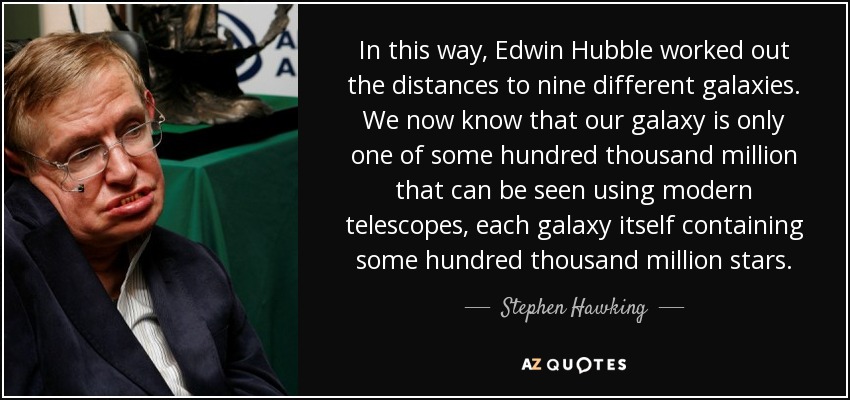 In this way, Edwin Hubble worked out the distances to nine different galaxies. We now know that our galaxy is only one of some hundred thousand million that can be seen using modern telescopes, each galaxy itself containing some hundred thousand million stars. - Stephen Hawking