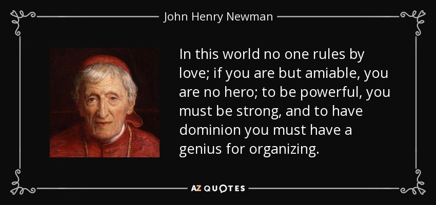 In this world no one rules by love; if you are but amiable, you are no hero; to be powerful, you must be strong, and to have dominion you must have a genius for organizing. - John Henry Newman