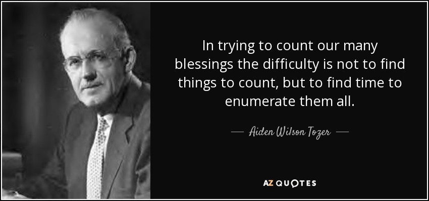 In trying to count our many blessings the difficulty is not to find things to count, but to find time to enumerate them all. - Aiden Wilson Tozer
