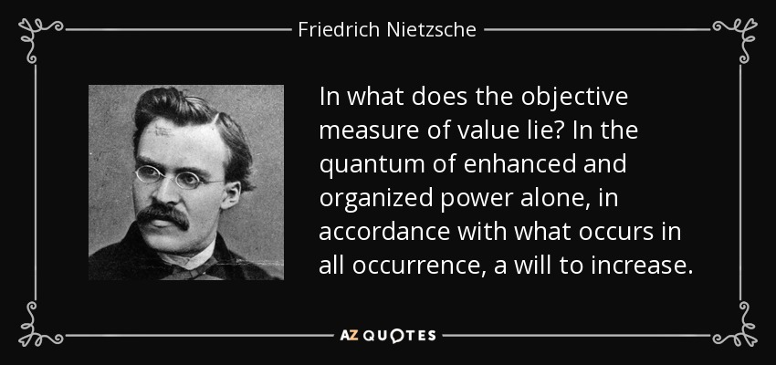 In what does the objective measure of value lie? In the quantum of enhanced and organized power alone, in accordance with what occurs in all occurrence, a will to increase. - Friedrich Nietzsche