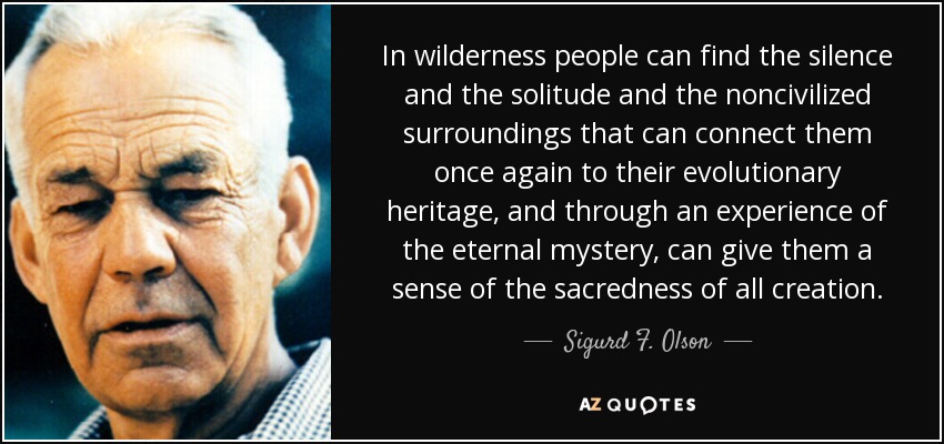 In wilderness people can find the silence and the solitude and the noncivilized surroundings that can connect them once again to their evolutionary heritage, and through an experience of the eternal mystery, can give them a sense of the sacredness of all creation. - Sigurd F. Olson
