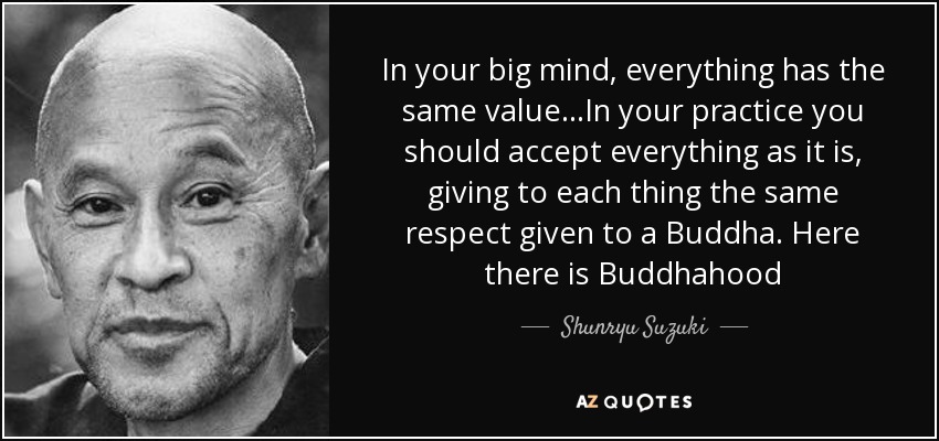 In your big mind, everything has the same value...In your practice you should accept everything as it is, giving to each thing the same respect given to a Buddha. Here there is Buddhahood - Shunryu Suzuki