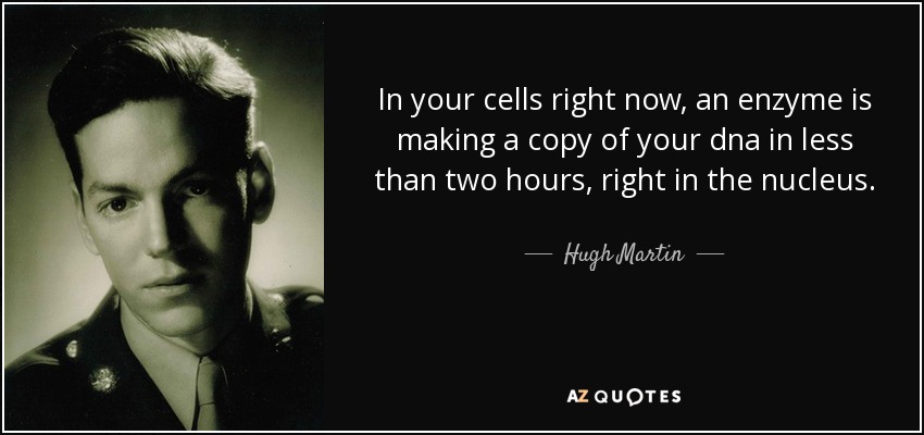 In your cells right now, an enzyme is making a copy of your dna in less than two hours, right in the nucleus. - Hugh Martin