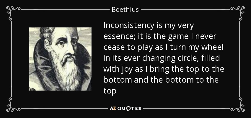 Inconsistency is my very essence; it is the game I never cease to play as I turn my wheel in its ever changing circle, filled with joy as I bring the top to the bottom and the bottom to the top - Boethius