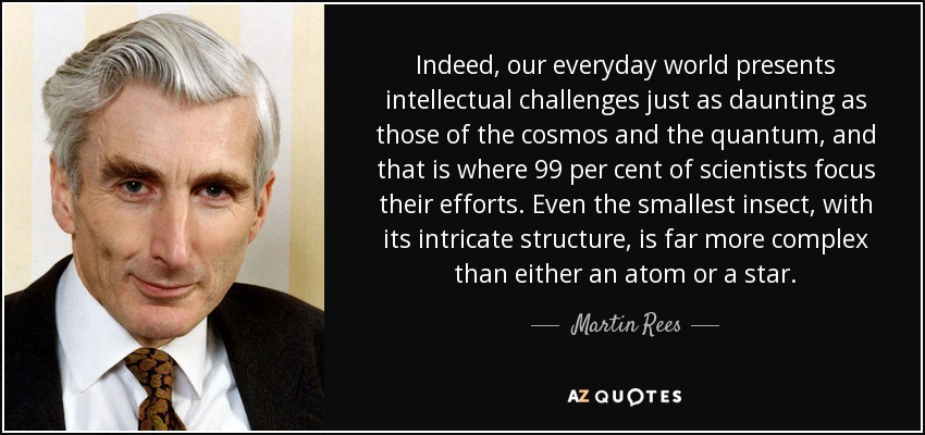 Indeed, our everyday world presents intellectual challenges just as daunting as those of the cosmos and the quantum, and that is where 99 per cent of scientists focus their efforts. Even the smallest insect, with its intricate structure, is far more complex than either an atom or a star. - Martin Rees