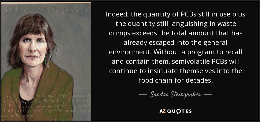 Indeed, the quantity of PCBs still in use plus the quantity still languishing in waste dumps exceeds the total amount that has already escaped into the general environment. Without a program to recall and contain them, semivolatile PCBs will continue to insinuate themselves into the food chain for decades. - Sandra Steingraber