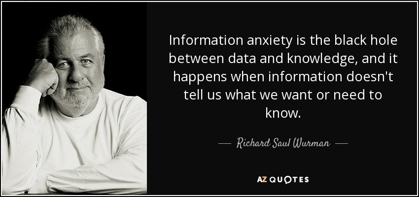 Information anxiety is the black hole between data and knowledge, and it happens when information doesn't tell us what we want or need to know. - Richard Saul Wurman