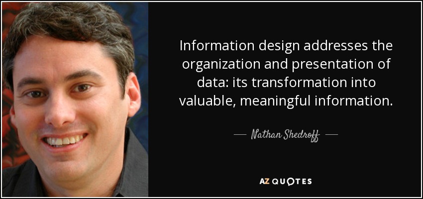 Information design addresses the organization and presentation of data: its transformation into valuable, meaningful information. - Nathan Shedroff