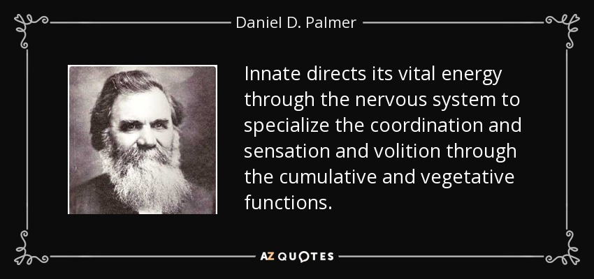 Innate directs its vital energy through the nervous system to specialize the coordination and sensation and volition through the cumulative and vegetative functions. - Daniel D. Palmer