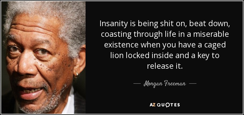 Insanity is being shit on, beat down, coasting through life in a miserable existence when you have a caged lion locked inside and a key to release it. - Morgan Freeman