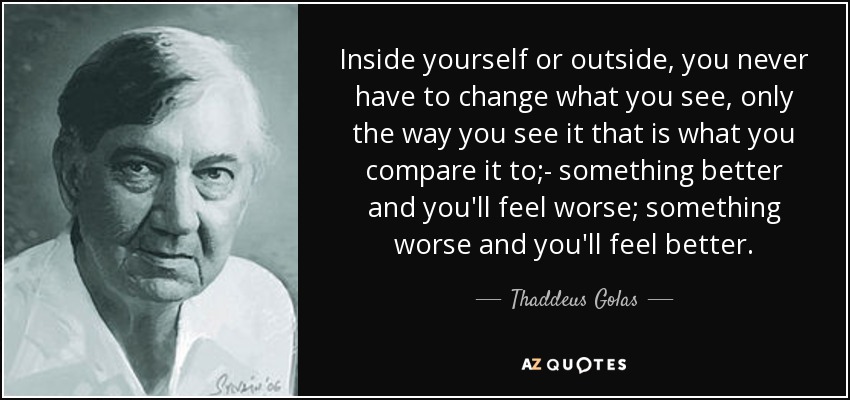 Inside yourself or outside, you never have to change what you see, only the way you see it that is what you compare it to;- something better and you'll feel worse; something worse and you'll feel better. - Thaddeus Golas