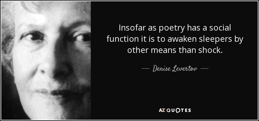 Insofar as poetry has a social function it is to awaken sleepers by other means than shock. - Denise Levertov