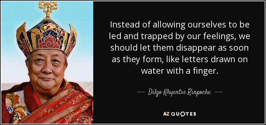 Instead of allowing ourselves to be led and trapped by our feelings, we should let them disappear as soon as they form, like letters drawn on water with a finger. - Dilgo Khyentse Rinpoche