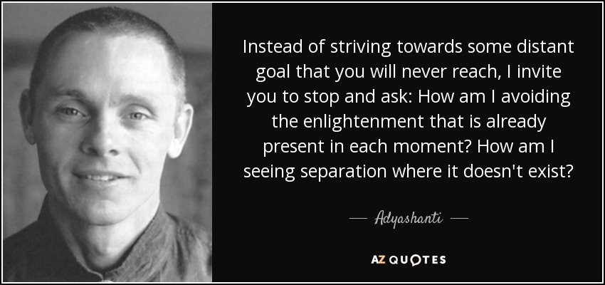 Instead of striving towards some distant goal that you will never reach, I invite you to stop and ask: How am I avoiding the enlightenment that is already present in each moment? How am I seeing separation where it doesn't exist? - Adyashanti