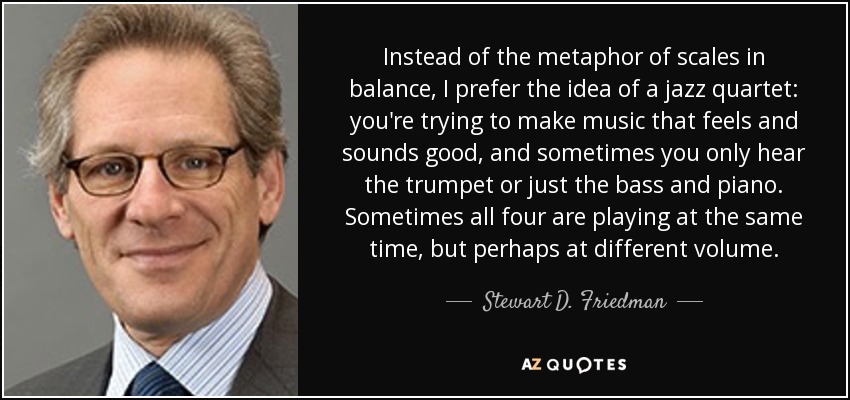 Instead of the metaphor of scales in balance, I prefer the idea of a jazz quartet: you're trying to make music that feels and sounds good, and sometimes you only hear the trumpet or just the bass and piano. Sometimes all four are playing at the same time, but perhaps at different volume. - Stewart D. Friedman