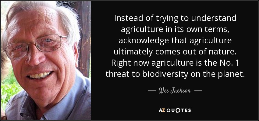 Instead of trying to understand agriculture in its own terms, acknowledge that agriculture ultimately comes out of nature. Right now agriculture is the No. 1 threat to biodiversity on the planet. - Wes Jackson