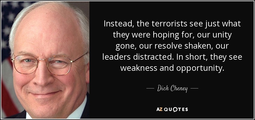 Instead, the terrorists see just what they were hoping for, our unity gone, our resolve shaken, our leaders distracted. In short, they see weakness and opportunity. - Dick Cheney