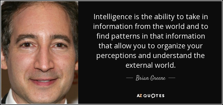 Intelligence is the ability to take in information from the world and to find patterns in that information that allow you to organize your perceptions and understand the external world. - Brian Greene