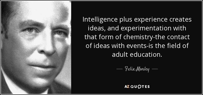Intelligence plus experience creates ideas, and experimentation with that form of chemistry-the contact of ideas with events-is the field of adult education. - Felix Morley