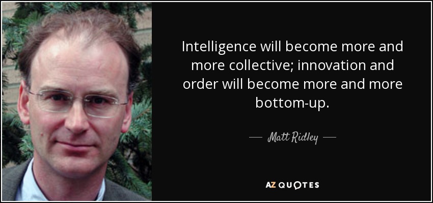 Intelligence will become more and more collective; innovation and order will become more and more bottom-up. - Matt Ridley