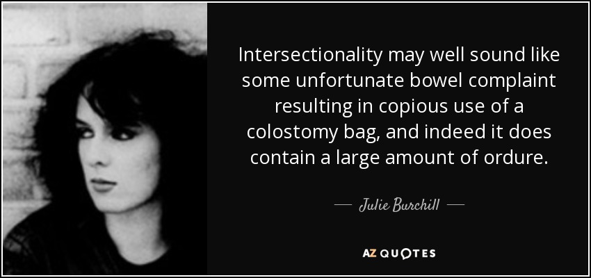 Intersectionality may well sound like some unfortunate bowel complaint resulting in copious use of a colostomy bag, and indeed it does contain a large amount of ordure. - Julie Burchill