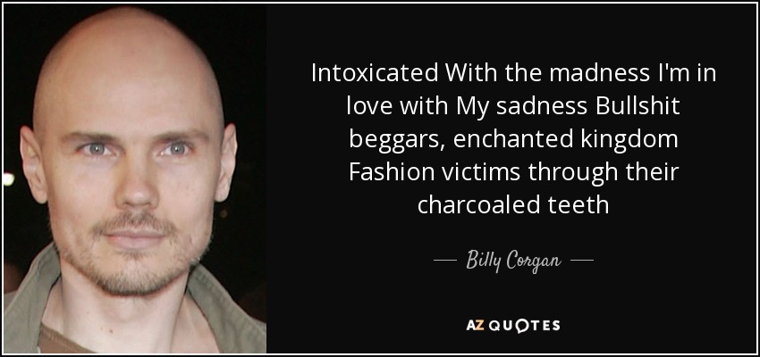 Intoxicated With the madness I'm in love with My sadness Bullshit beggars, enchanted kingdom Fashion victims through their charcoaled teeth - Billy Corgan