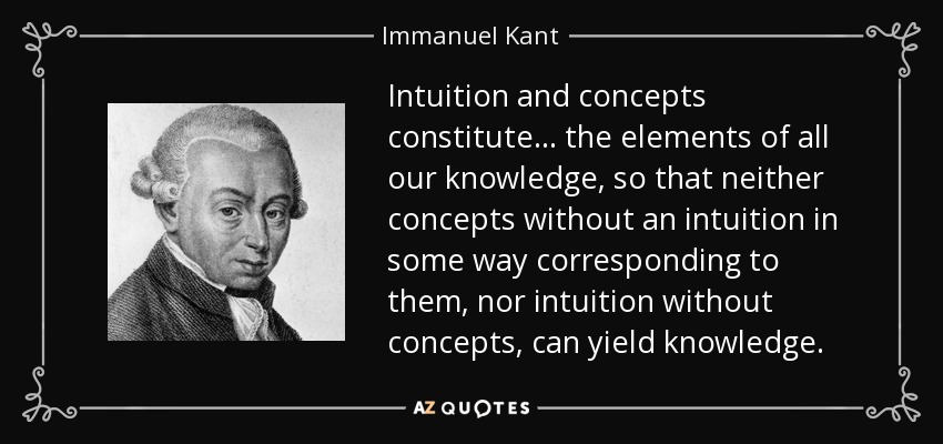 Intuition and concepts constitute... the elements of all our knowledge, so that neither concepts without an intuition in some way corresponding to them, nor intuition without concepts, can yield knowledge. - Immanuel Kant