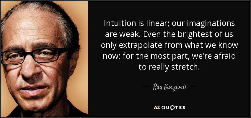Intuition is linear; our imaginations are weak. Even the brightest of us only extrapolate from what we know now; for the most part, we're afraid to really stretch. - Ray Kurzweil