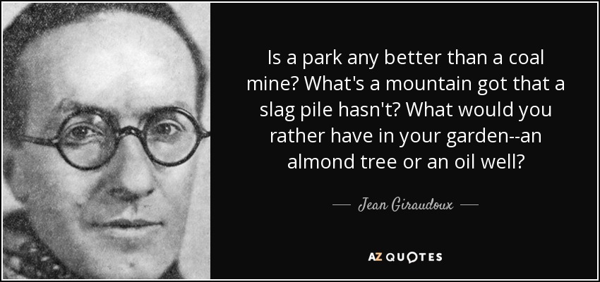 Is a park any better than a coal mine? What's a mountain got that a slag pile hasn't? What would you rather have in your garden--an almond tree or an oil well? - Jean Giraudoux