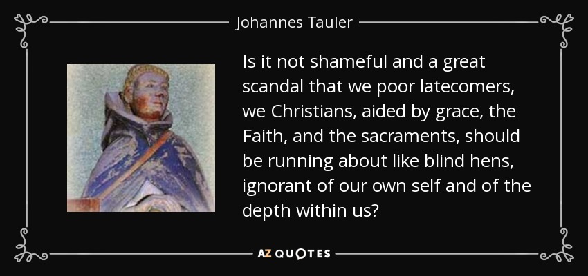 Is it not shameful and a great scandal that we poor latecomers, we Christians, aided by grace, the Faith, and the sacraments, should be running about like blind hens, ignorant of our own self and of the depth within us? - Johannes Tauler