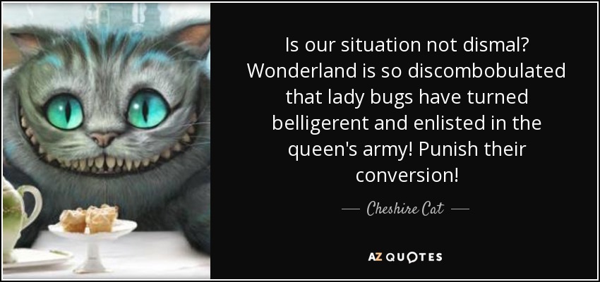 Is our situation not dismal? Wonderland is so discombobulated that lady bugs have turned belligerent and enlisted in the queen's army! Punish their conversion! - Cheshire Cat