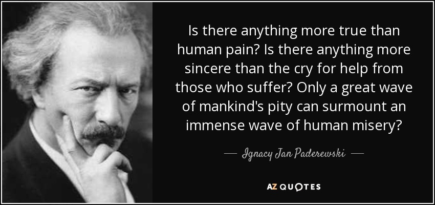 Is there anything more true than human pain? Is there anything more sincere than the cry for help from those who suffer? Only a great wave of mankind's pity can surmount an immense wave of human misery? - Ignacy Jan Paderewski