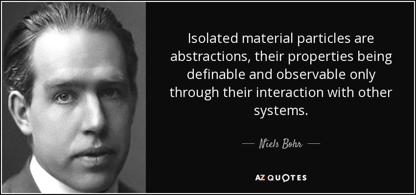 Isolated material particles are abstractions, their properties being definable and observable only through their interaction with other systems . - Niels Bohr