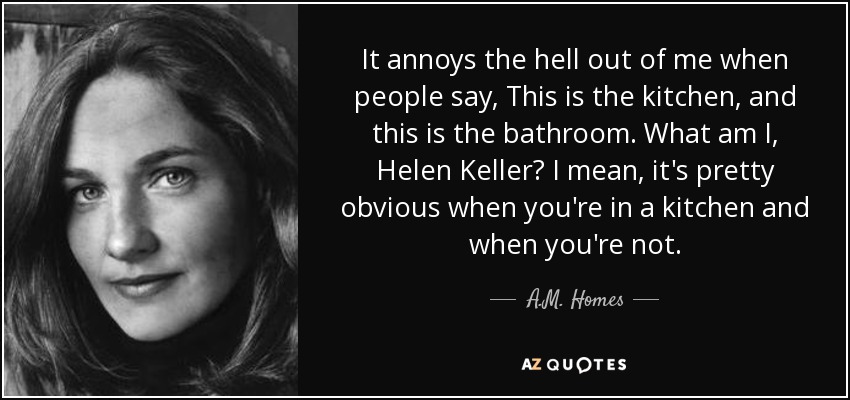 It annoys the hell out of me when people say, This is the kitchen, and this is the bathroom. What am I, Helen Keller? I mean, it's pretty obvious when you're in a kitchen and when you're not. - A.M. Homes