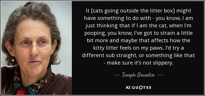 It [cats going outside the litter box] might have something to do with - you know, I am just thinking that if I am the cat, when I'm pooping, you know, I've got to strain a little bit more and maybe that affects how the kitty litter feels on my paws. I'd try a different sub straight, or something like that - make sure it's not slippery. - Temple Grandin