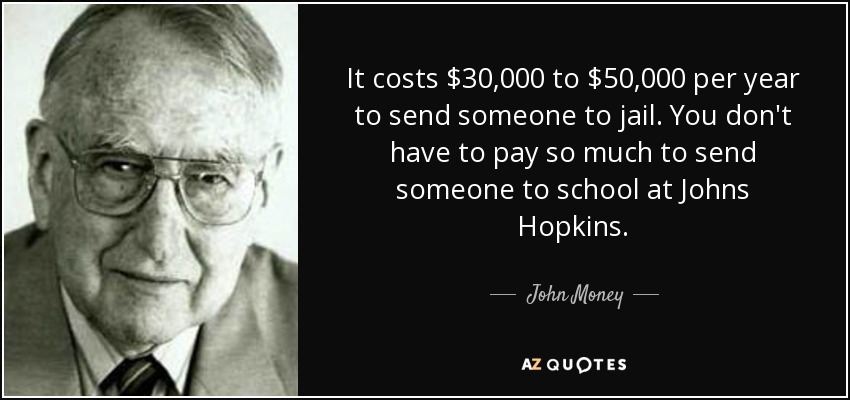 It costs $30,000 to $50,000 per year to send someone to jail. You don't have to pay so much to send someone to school at Johns Hopkins. - John Money