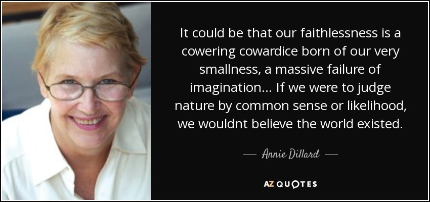 It could be that our faithlessness is a cowering cowardice born of our very smallness, a massive failure of imagination... If we were to judge nature by common sense or likelihood, we wouldnt believe the world existed. - Annie Dillard