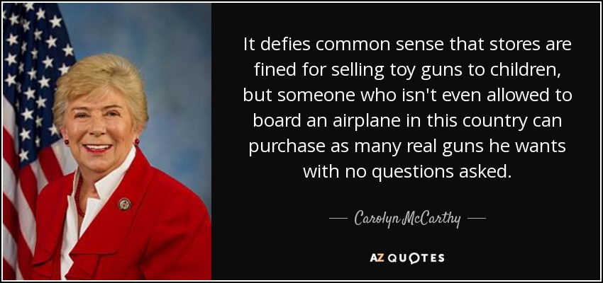 It defies common sense that stores are fined for selling toy guns to children, but someone who isn't even allowed to board an airplane in this country can purchase as many real guns he wants with no questions asked. - Carolyn McCarthy