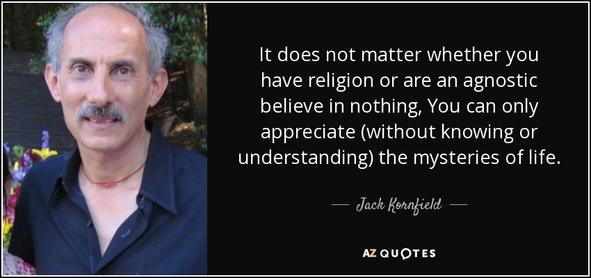 It does not matter whether you have religion or are an agnostic believe in nothing, You can only appreciate (without knowing or understanding) the mysteries of life. - Jack Kornfield