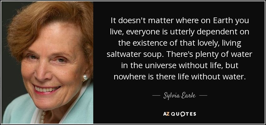 It doesn't matter where on Earth you live, everyone is utterly dependent on the existence of that lovely, living saltwater soup. There's plenty of water in the universe without life, but nowhere is there life without water. - Sylvia Earle