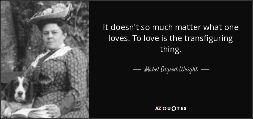 It doesn't so much matter what one loves. To love is the transfiguring thing. - Mabel Osgood Wright