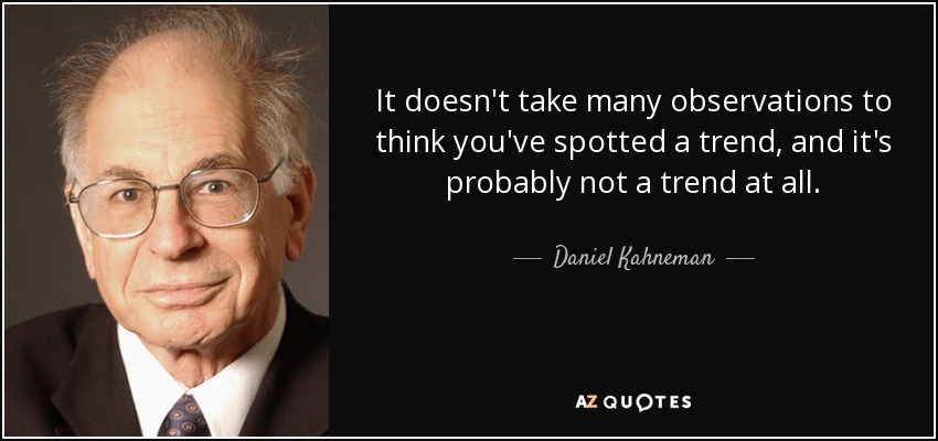 It doesn't take many observations to think you've spotted a trend, and it's probably not a trend at all. - Daniel Kahneman