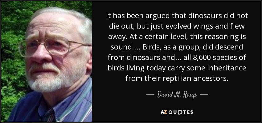 It has been argued that dinosaurs did not die out, but just evolved wings and flew away. At a certain level, this reasoning is sound.... Birds, as a group, did descend from dinosaurs and ... all 8,600 species of birds living today carry some inheritance from their reptilian ancestors. - David M. Raup
