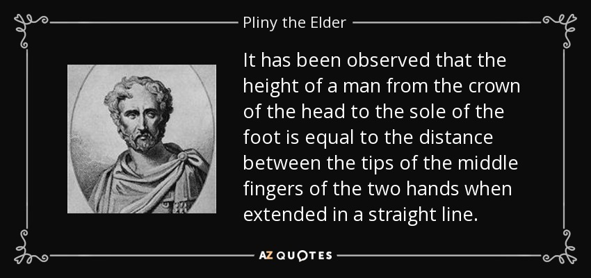 It has been observed that the height of a man from the crown of the head to the sole of the foot is equal to the distance between the tips of the middle fingers of the two hands when extended in a straight line. - Pliny the Elder