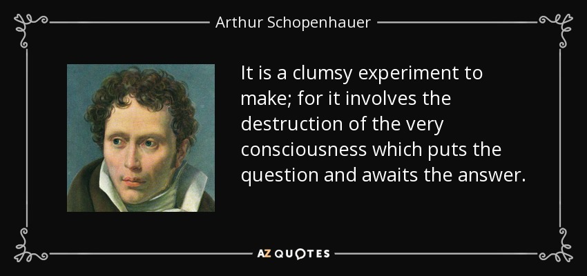 It is a clumsy experiment to make; for it involves the destruction of the very consciousness which puts the question and awaits the answer. - Arthur Schopenhauer