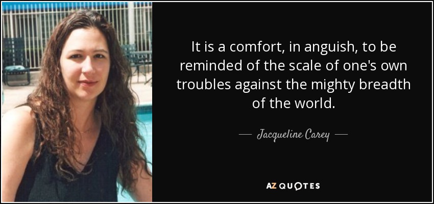It is a comfort, in anguish, to be reminded of the scale of one's own troubles against the mighty breadth of the world. - Jacqueline Carey